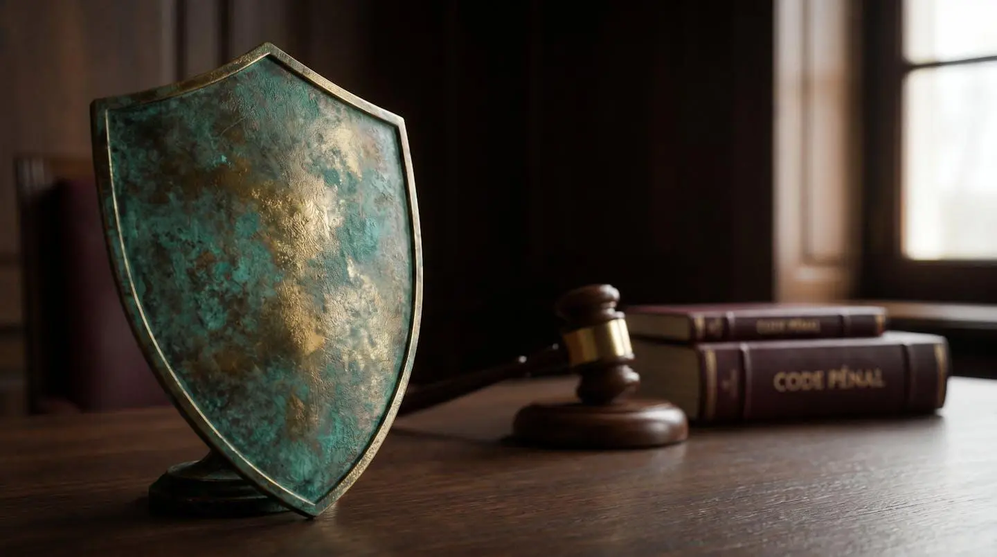 Un bouclier en bronze symbolisant la défense posé sur une table devant un marteau de juge et des livres de droit, représentant le rôle protecteur de l'avocat pénaliste