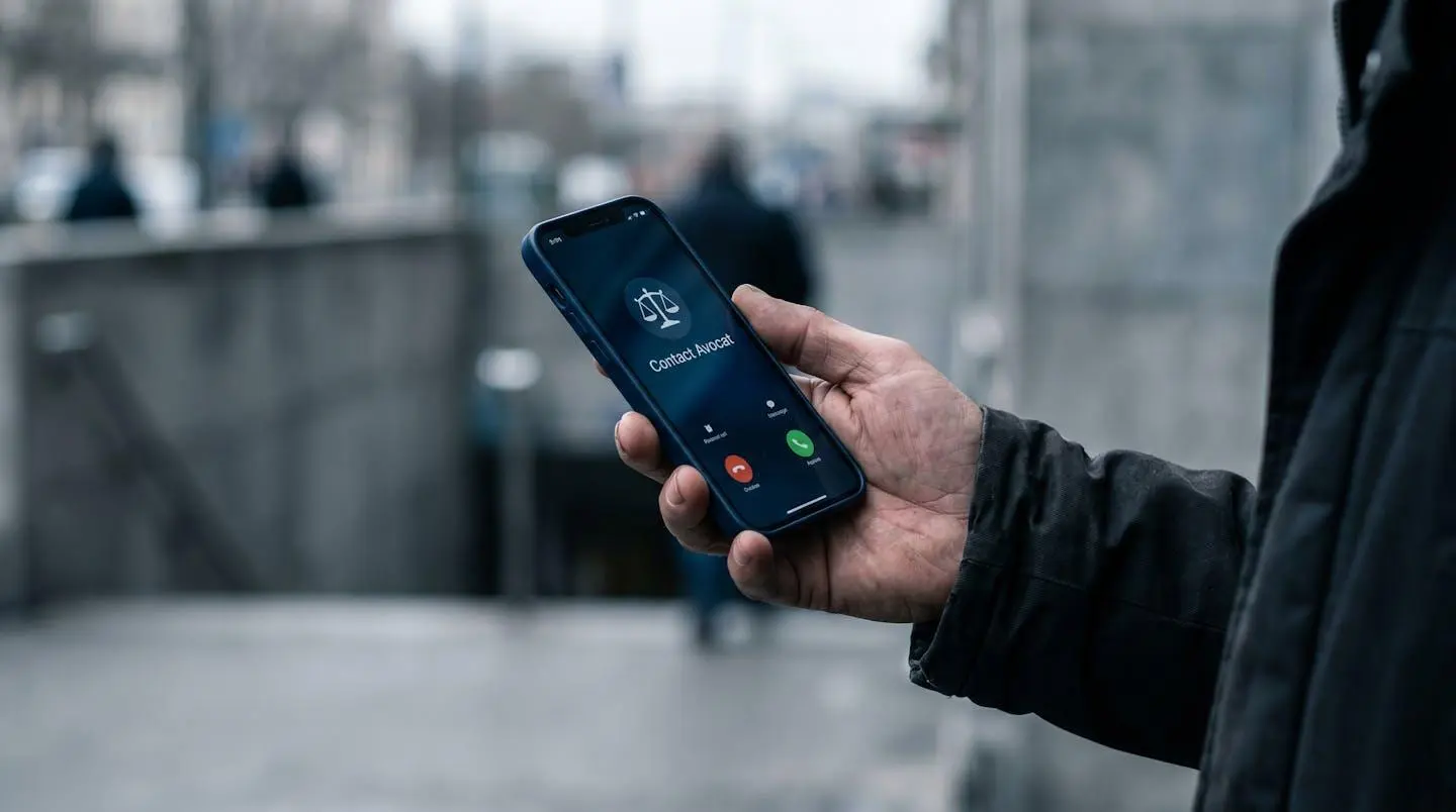 Une main tenant un smartphone affichant un appel vers un avocat, symbolisant l'urgence de contacter un professionnel lors d'une procédure pénale